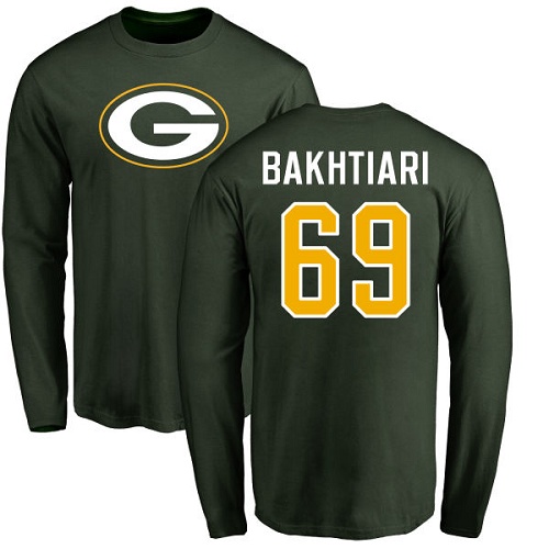 Men Green Bay Packers Green 69 Bakhtiari David Name And Number Logo Nike NFL Long Sleeve T Shirt